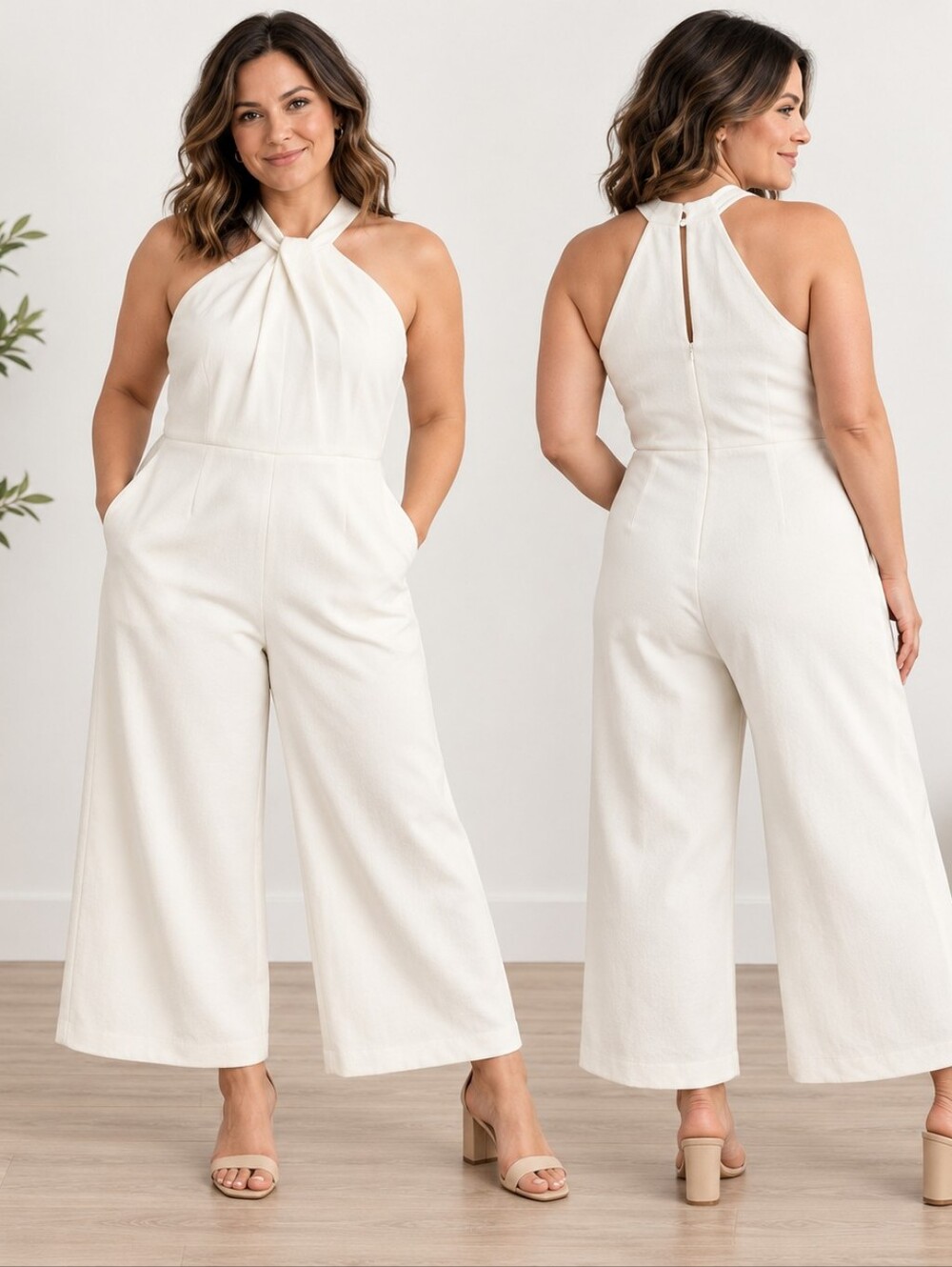 Roz & Ali Petite 14 Ivory Halter Wide Leg Jumpsuit Contemporary Casual Minimalis